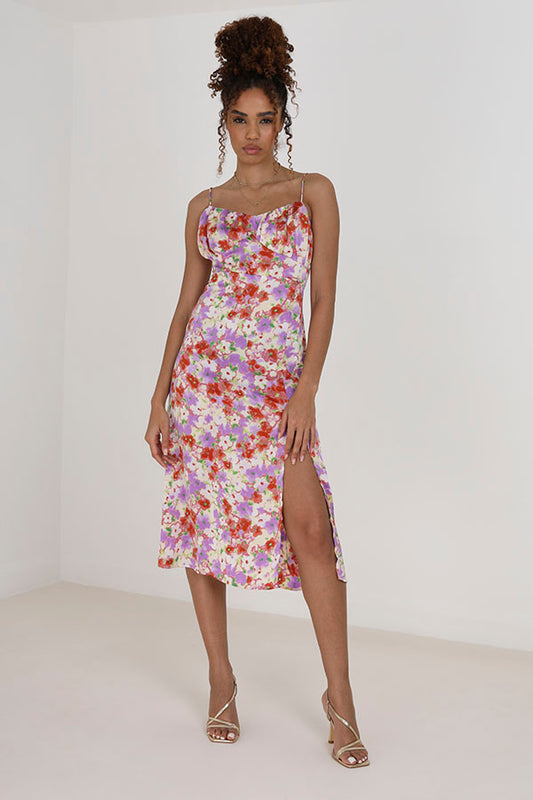 Lilac Floral Print Side Split Midi Length Dress
