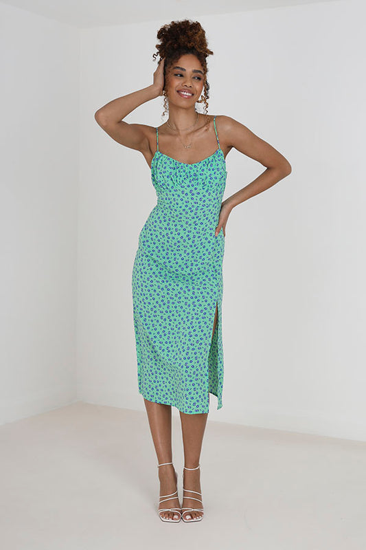 Green Floral Print Strappy Midi Dress