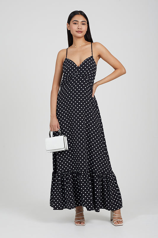 Strappy V-Neck Polka Dot Gathered Hem Midi Dress