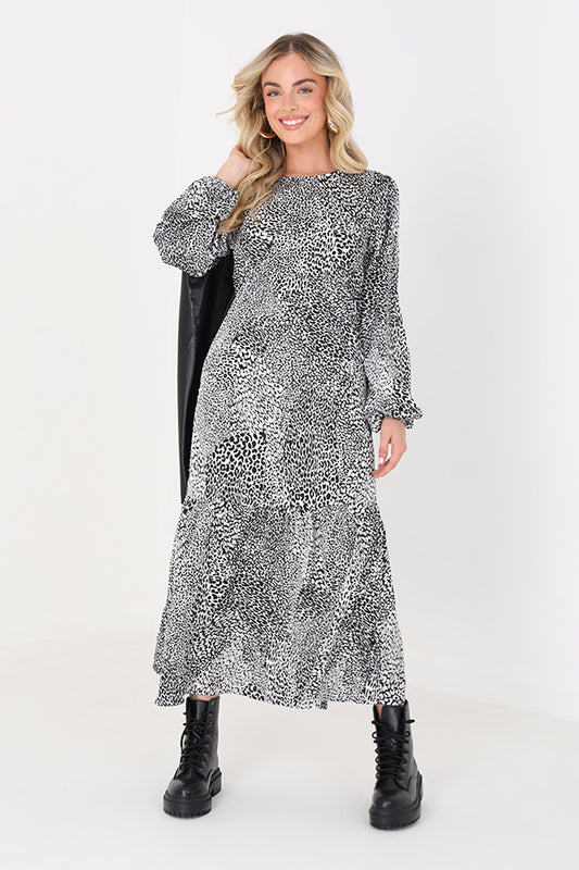 Long Sleeve Satin Animal Print Midi Dress