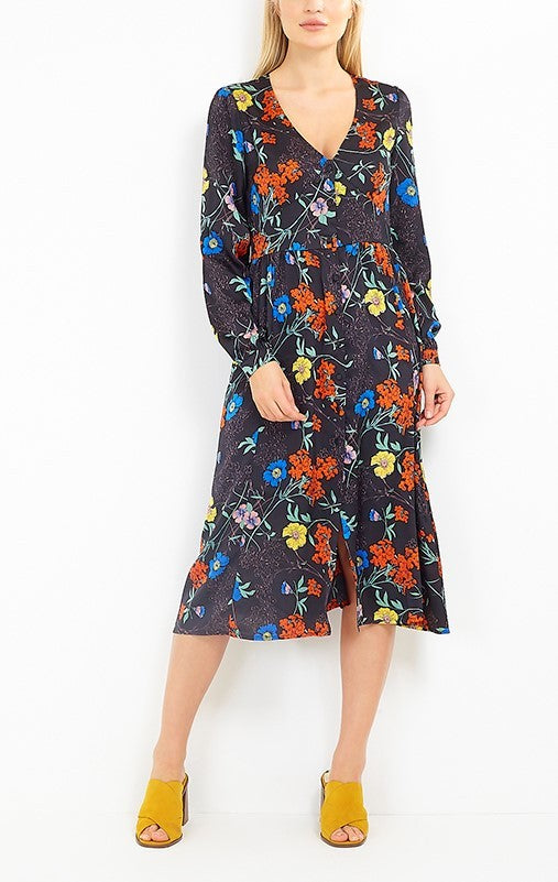 Long Sleeve V-Neck Floral Print Midi Dress