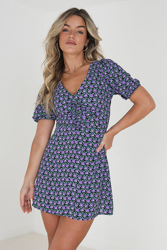 V Neck Ruching Detail Mini Dress