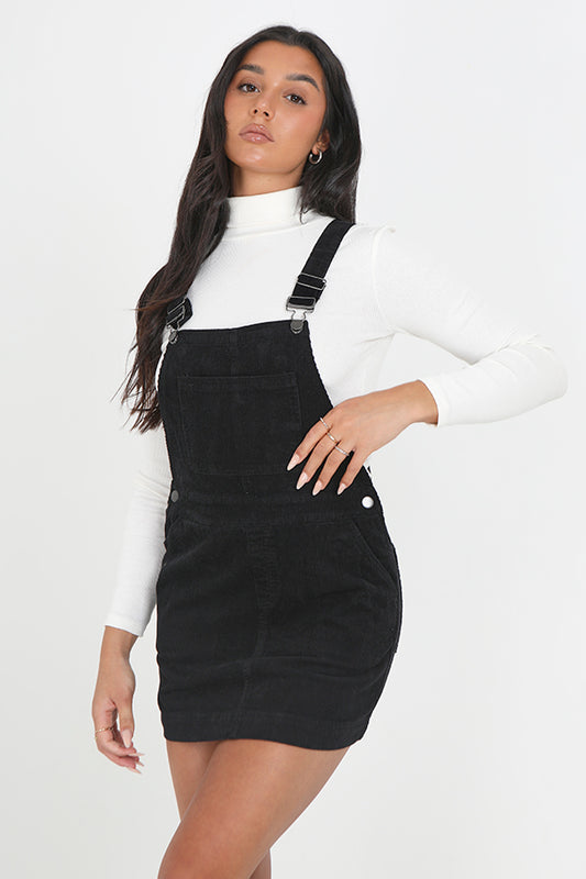 Black Corduroy Buckle Clip Dungaree Dress