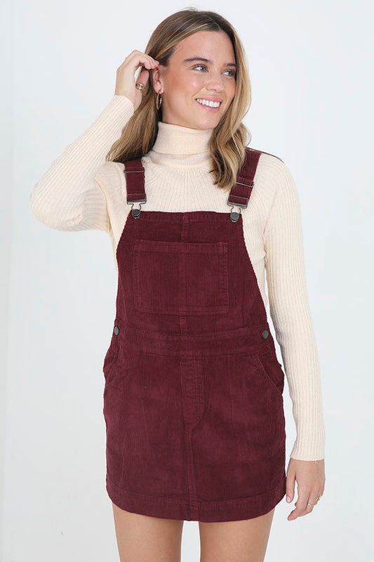 Burgundy Corduroy Buckle Clip Dungaree Dress