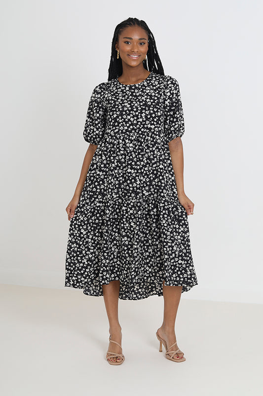 Floral Print Short Sleeve Tiered Midi Dress