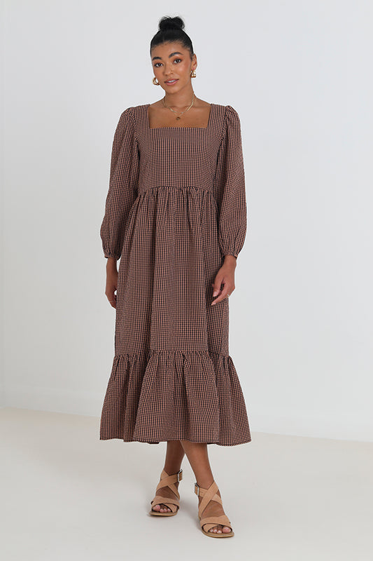 Gingham 3/4 Puff Sleeve Tiered Dress