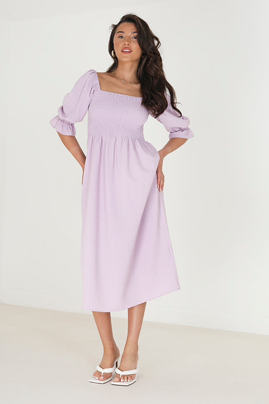 Long Sleeve Gathered Detail Midi Dress