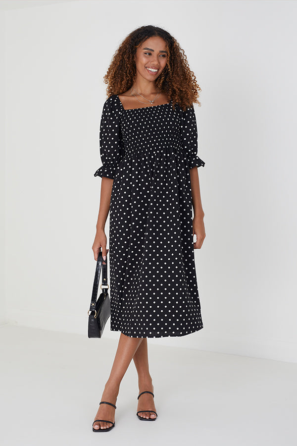 Long Sleeve Gathered Detail Midi Dress