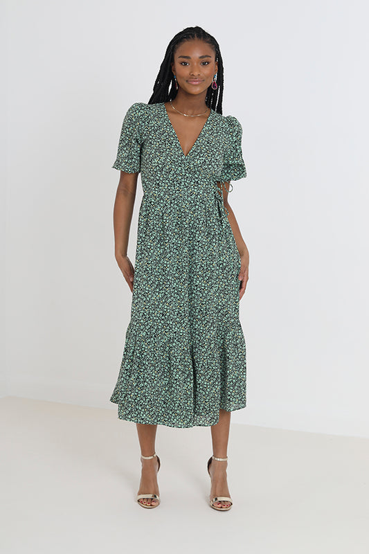 Green Paisley Print Tiered Wrap Style Midi Dress