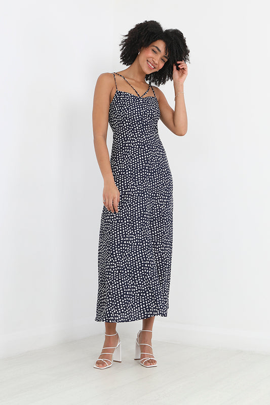 Navy Speckled Print Long Length Strappy Dress