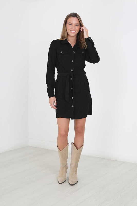 Black Button Through Belted Corduroy Dress