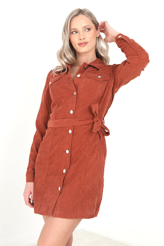 Rust Long Sleeve Button Through Belted Corduroy Dress