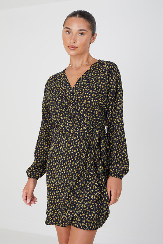 Mini Wrap Dress With Yellow Floral Print