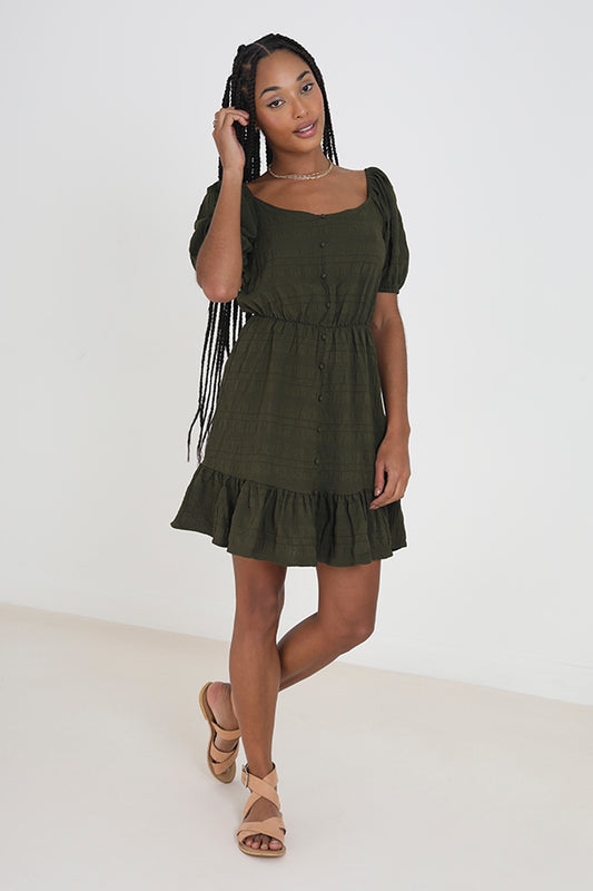 Khaki Round Neck Milkmaid Style Mini Dress