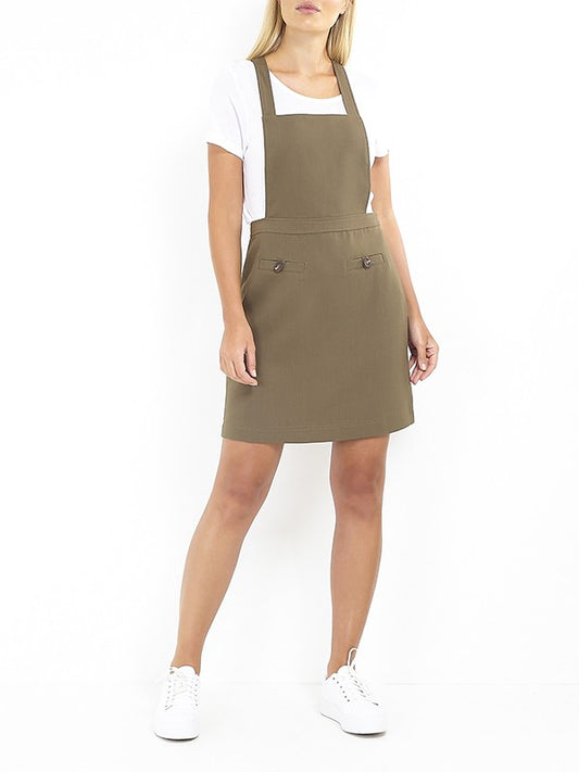 Contrast Stitch Detail Khaki Pinafore Dress