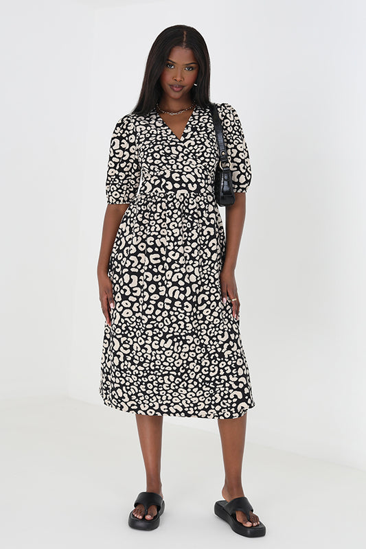Ladies Animal Print Wrap Dress With Three Quarter Sleeves