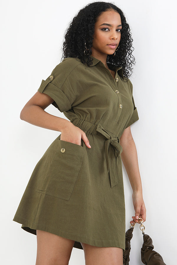 Khaki Utility Tie Waist Detail Shirt Dress
