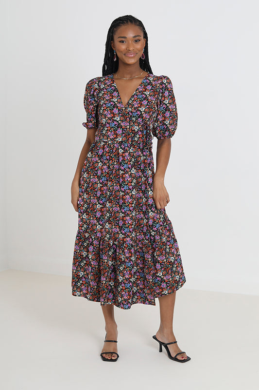 Floral Tiered V Neck Wrap Front Midi Dress
