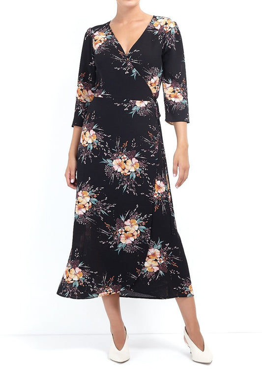Long Length Black Floral Print Wrap Dress