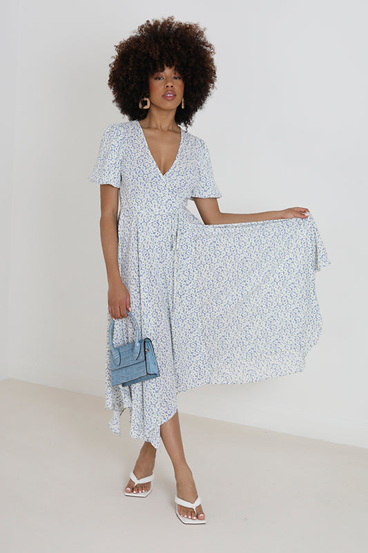 Blue Floral V-Neck Wrap Midi Dress