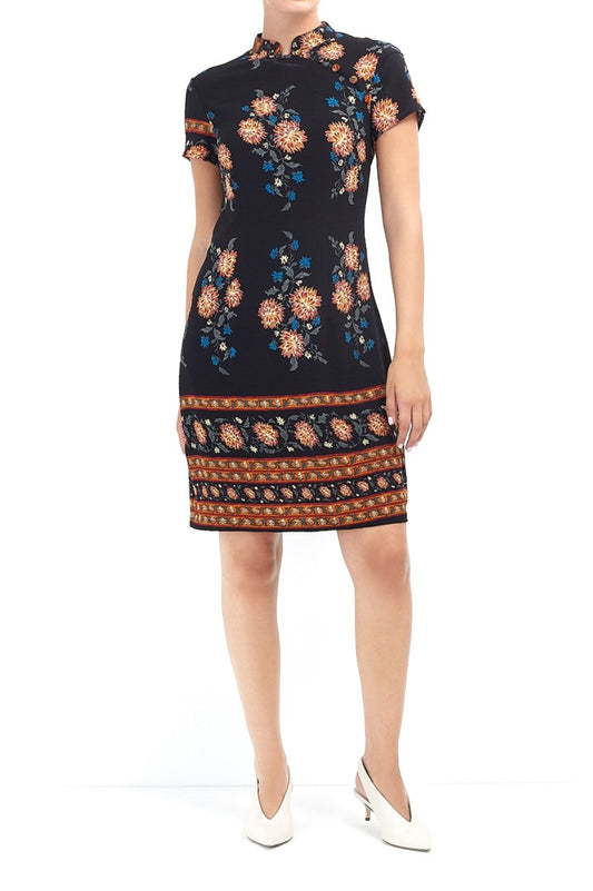 High Neck Floral Print Oriental Dress