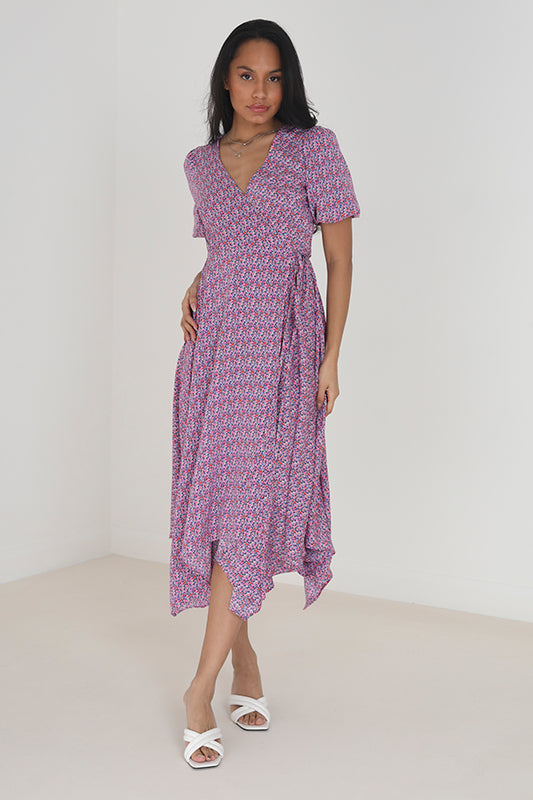 Pink Floral V-Neck Wrap Midi Dress