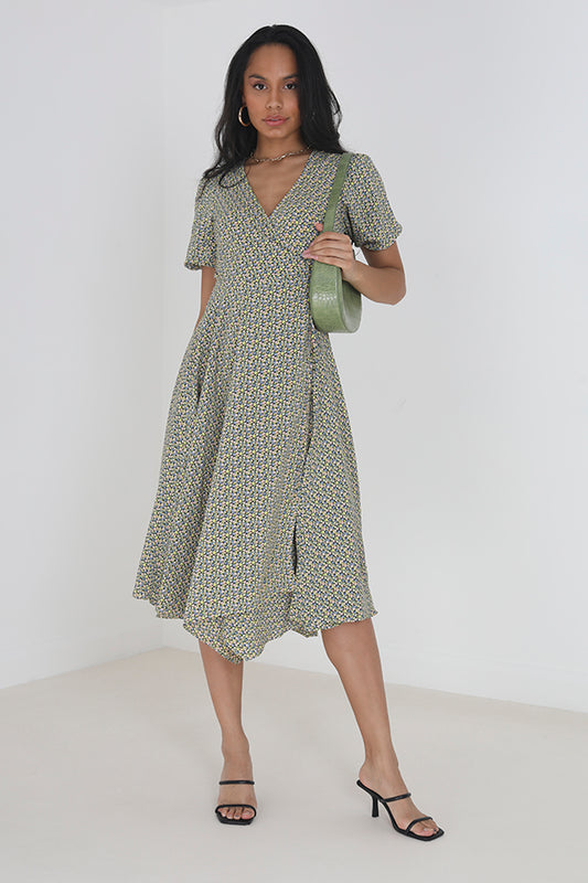 Yellow Floral V-Neck Wrap Midi Dress
