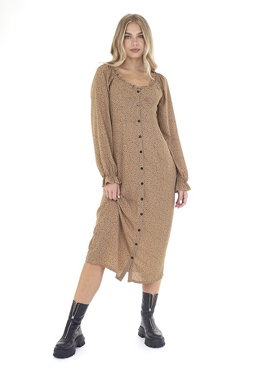 Spot Print Ruffle Sweetheart Neck Long Dress