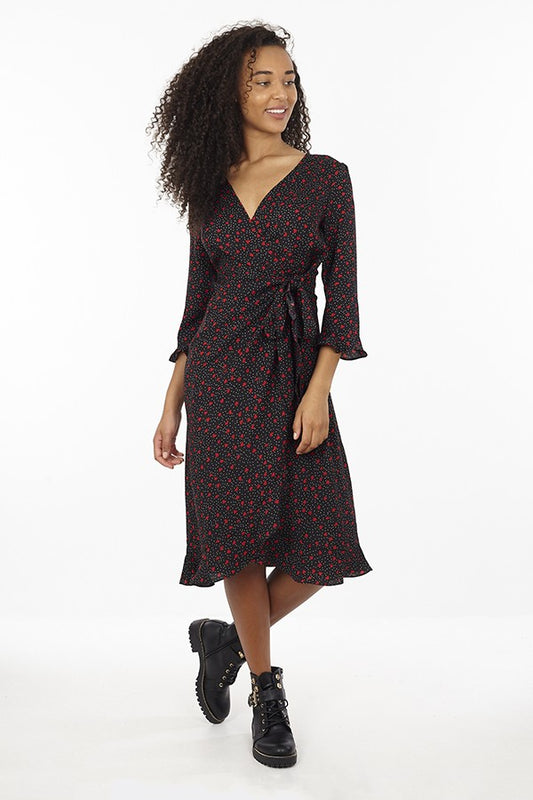 Heart Printed Midi Wrap Dress With Frill Details