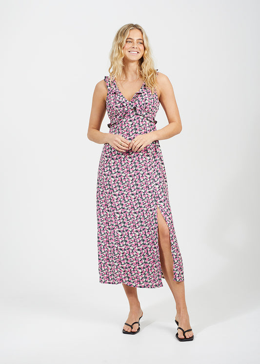 Sleevless Ruffle Detail Printed Maxi Dress