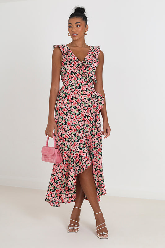 Floral Print Front Wrap Midi Dress