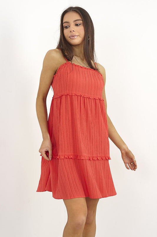 Coral Red Strappy Tiered Frill Detail Mini Dress