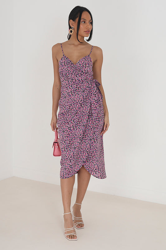 Pink Floral Knot Front Strappy Midi Dress