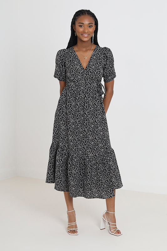 Printed V Neck Wrap Style Tiered Midi Dress
