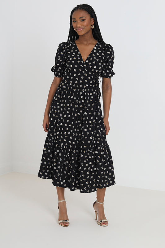 Floral Print V Neck Wrap Front Midi Dress