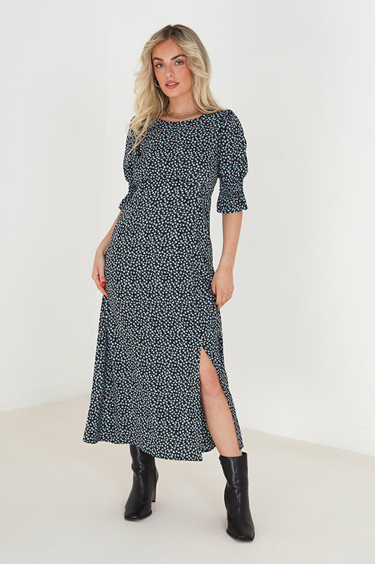 Floral Midi Dress With Auarter Length Shirred Sleeves