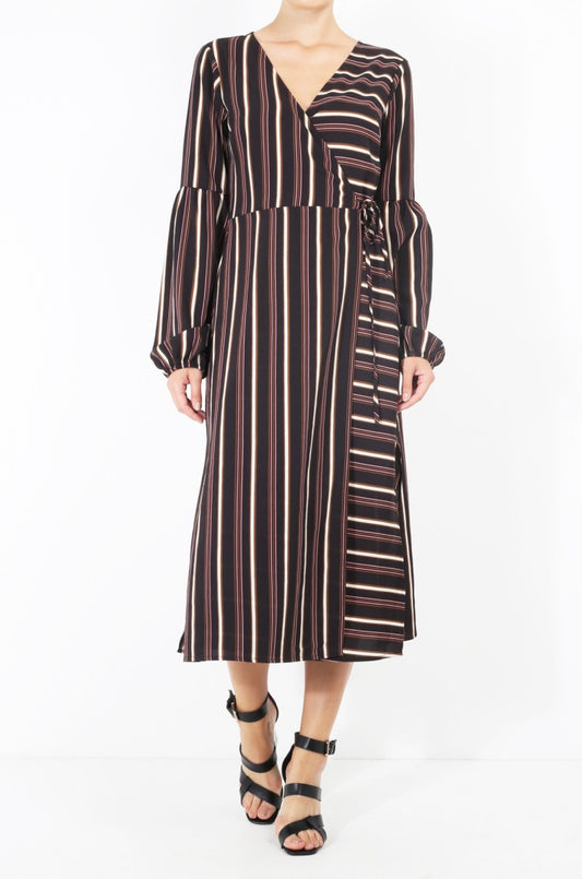 Long Sleeve Striped V-Neck Wrap Dress