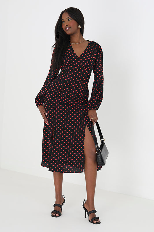V Neck Polka Dot Midi Dress With Long Sleeves