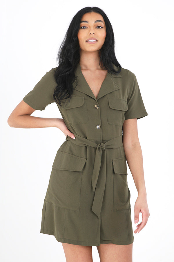 Khaki Short Sleeve Utility Style Tie Waist Dress