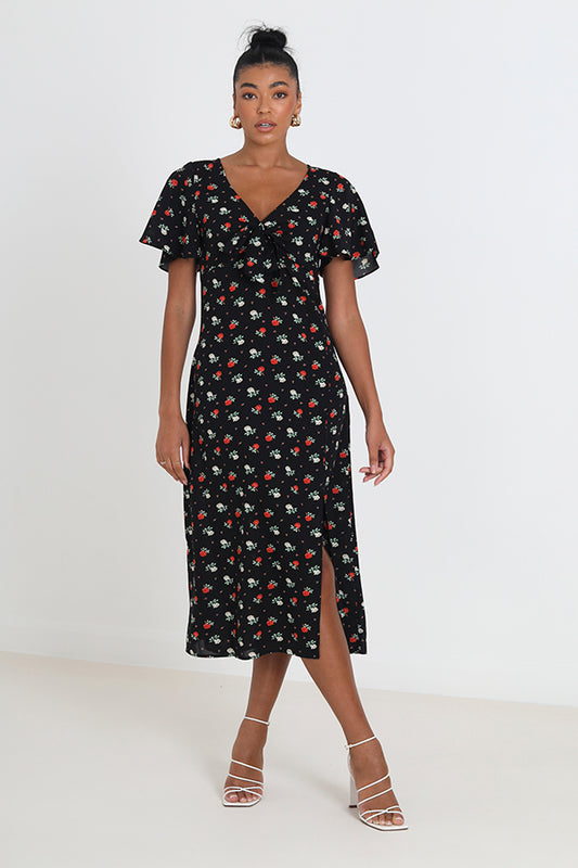 Floral Print V-Front Midi Dress