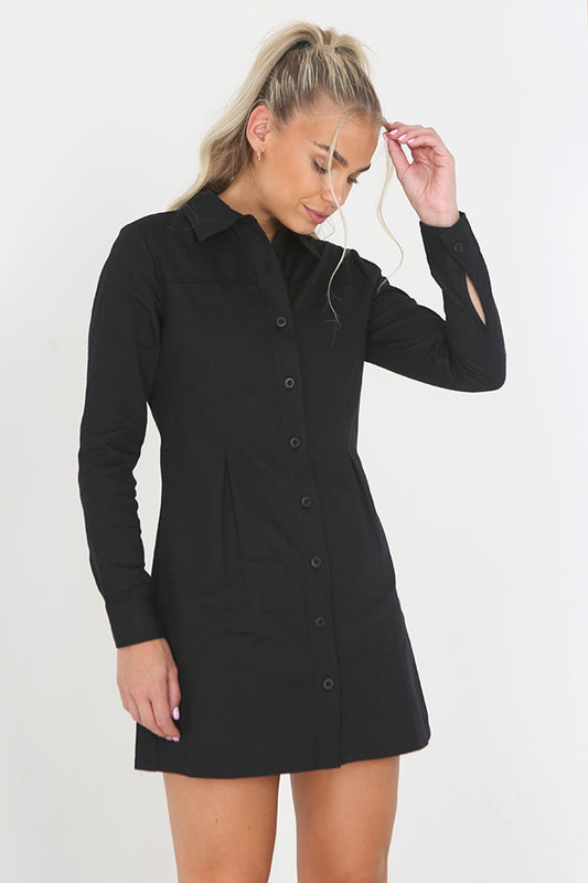 Black Utility Style Long Sleeve Collared Cotton Dress
