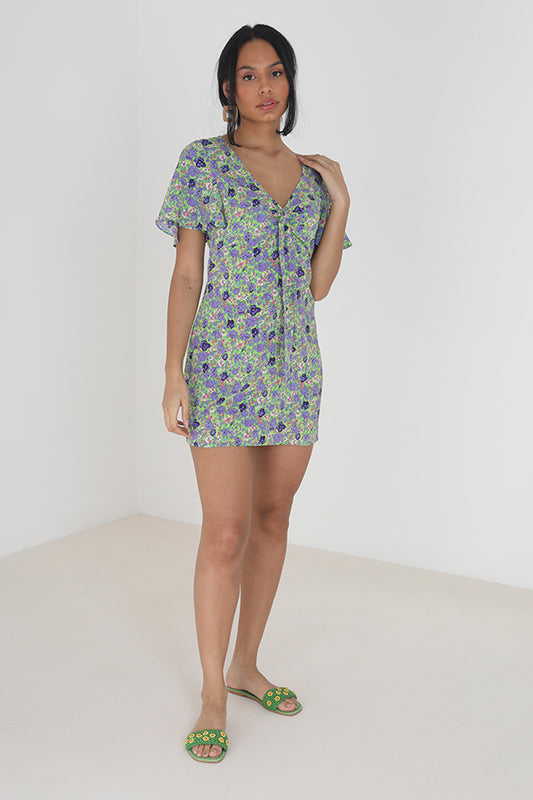 V-Neck Front Tie Mini Dress