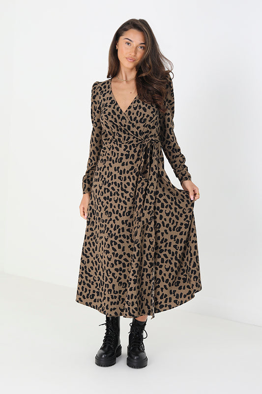 Long Sleeve Leopard Print Maxi Wrap Dress
