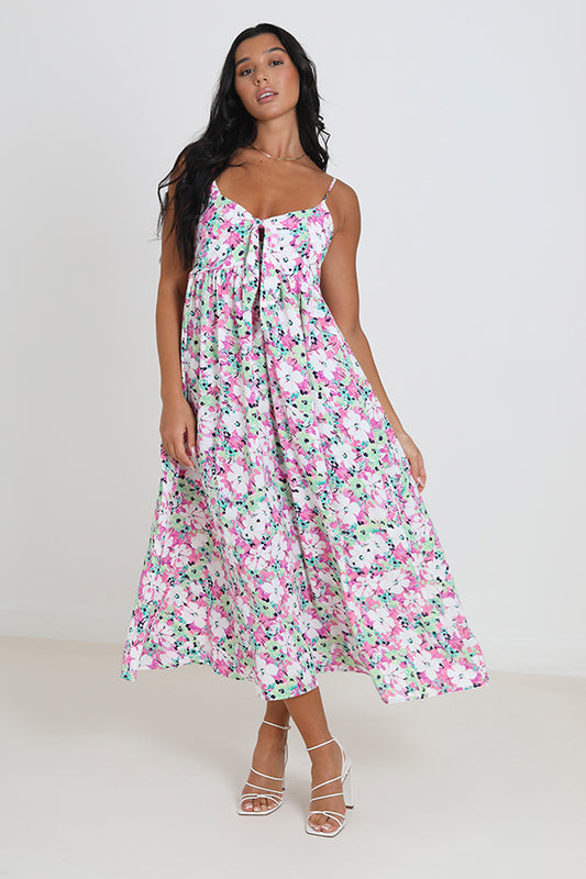 Floral Print Knot Front Strappy Summer Midi Dress