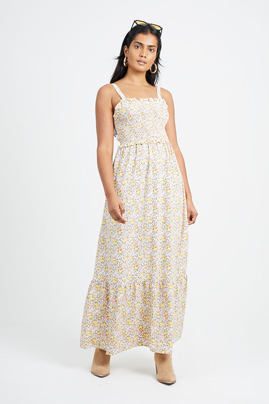 Ruched Body Layered Hem Maxi Dress