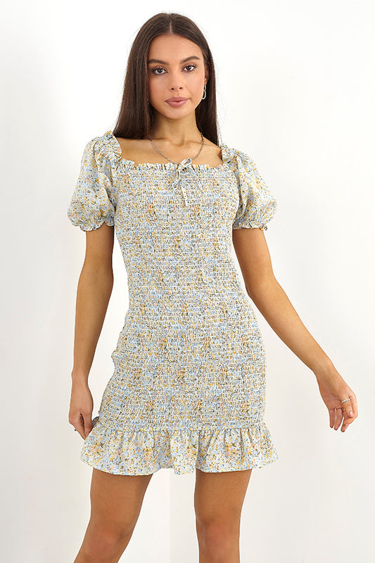 Floral Print Shirred Puff Sleeve Mini Dress