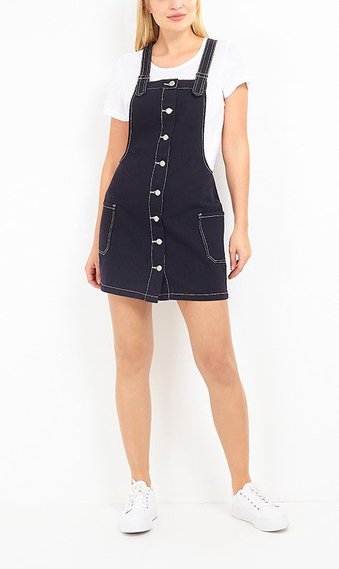 Black Contrast Stitch Button Down Dungaree Dress