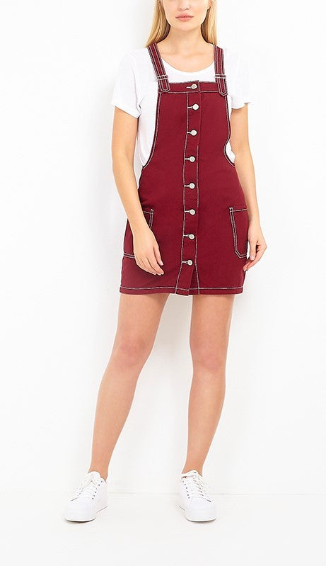 Burgundy Contrast Stitch Button Down Dungaree Dress