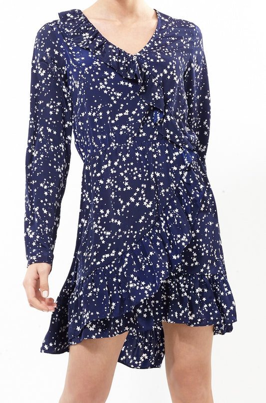 Star Print Ruffle Detail Wrap Dress