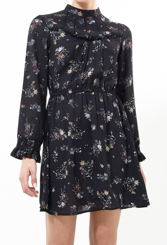 Gathered Detail Black Floral Print High Neck Dress